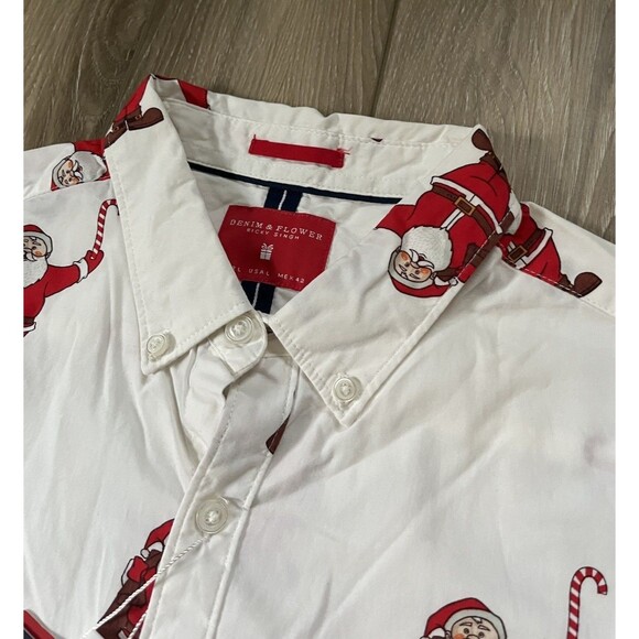 Denim Flower Button Up Shirt Mens L White Santa Claus Christmas Happy Holiday - Picture 3 of 10